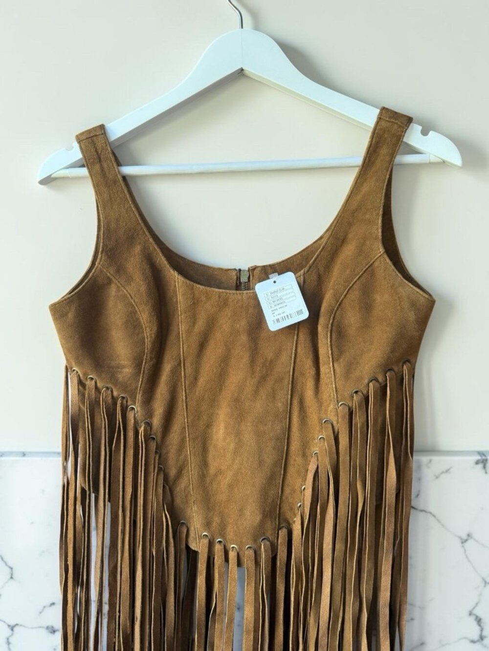 Free People Leather Fringe Tank Top Brown Goat Suede Western Boho Size M NWT - Picture 6 of 13